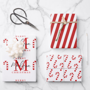 Custom Merry Christmas Red Candy Cane Monogram Geschenkpapier Set