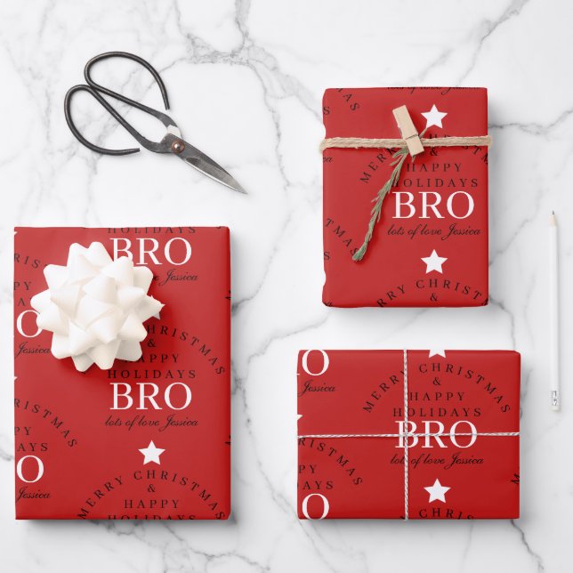 Custom Merry Christmas Red Monogram Brother Geschenkpapier Set (Vorderseite)