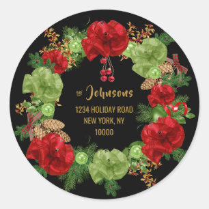 Custom MERRY CHRISTMAS Wreath Black Rücksendeadres Runder Aufkleber