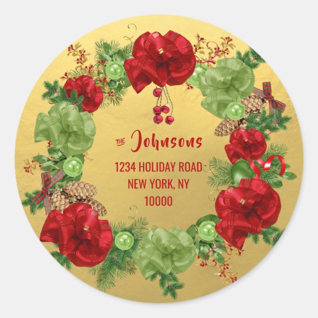 Custom MERRY CHRISTMAS Wreath GOLD Rücksendeadress Runder Aufkleber (Vorderseite)