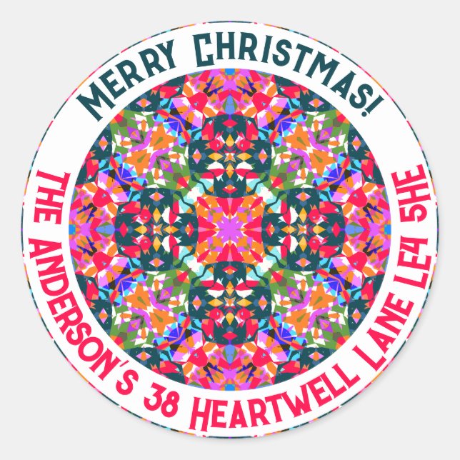 Custom Merry Colorful Moderne Weihnachtsadresse Runder Aufkleber (Vorderseite)