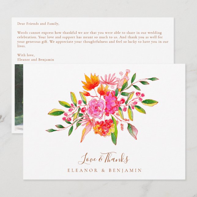 Custom Message Pink Floral Photo Wedding  Dankeskarte (Vorne/Hinten)