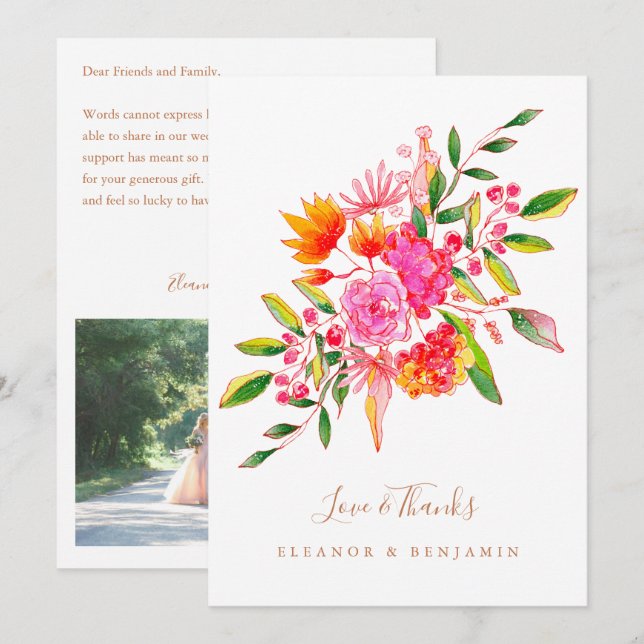 Custom Message Pink Orange Foto Hochzeit Dankeskarte (Vorne/Hinten)