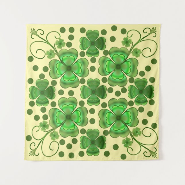 Custom Metallic Green Clover & Swirl Pattern  Wandteppich (Vorderseite)
