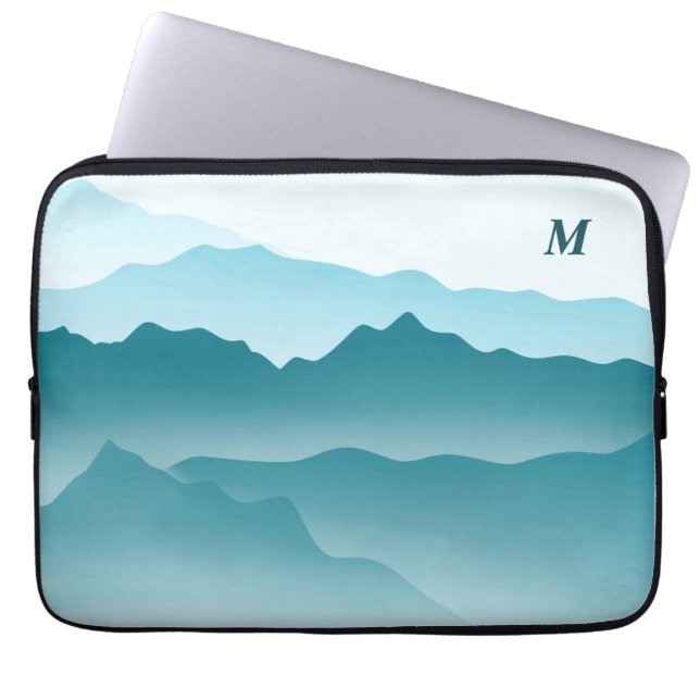 Custom Minimalistisch Blue Wavy Mountains Monogram Laptopschutzhülle (Vorderseite)