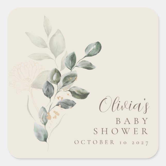 Custom Minimalistisch Greenery Baby Shower Quadratischer Aufkleber (Vorderseite)