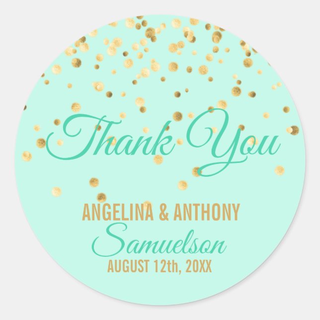 Custom Mint Gold Confetti WEDI Vielen Dank Runder Aufkleber (Vorderseite)