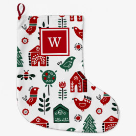 Custom Mit Monogramm Red and Green Scandinavian Großer Weihnachtsstrumpf