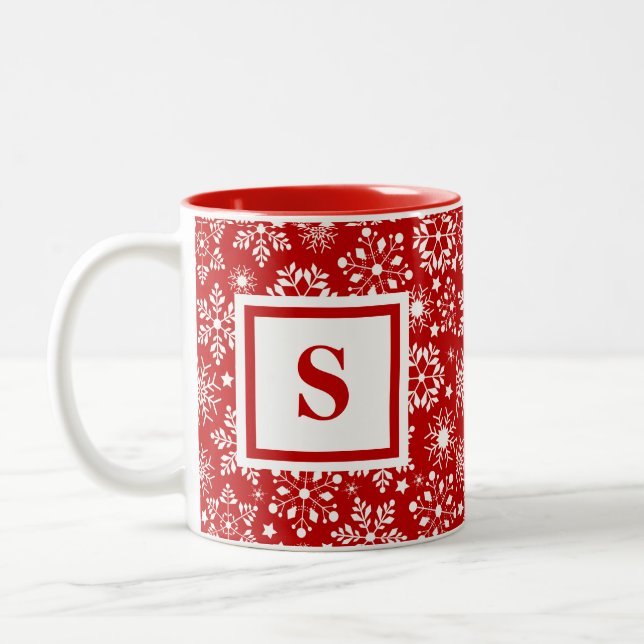 Custom Mit Monogramm Red Snowflakes Weihnachten Zweifarbige Tasse (Links)