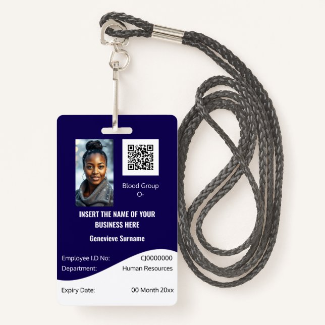 CUSTOM Mitarbeiter-ID-Karte editierbar blau Ausweis (Vorderseite mit Schlüsselband)