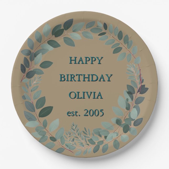 Custom Mocha mousse Eucalyptus Watercolor Leaf Pappteller (Vorderseite)