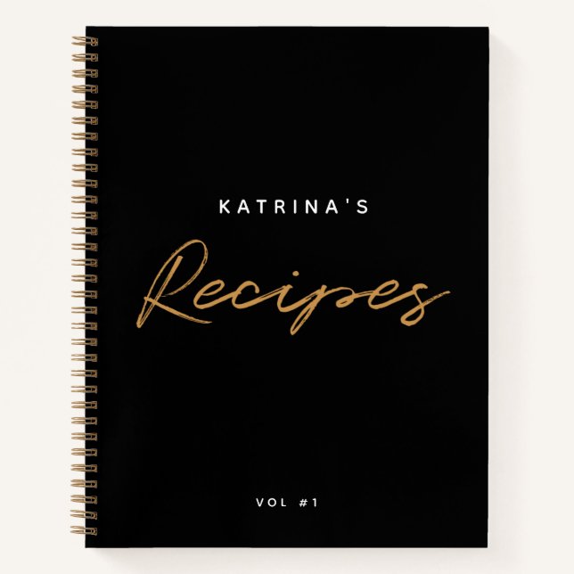 Custom Modern Black Gold Minimalistisch Script Rez Notizbuch (Vorderseite)