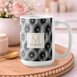 Custom Modern Black Leather Name Initial Tasse