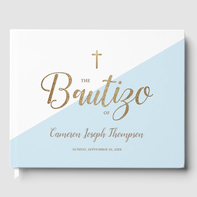 Custom Modern Blue gold Cross Baby Bautizo Gästebuch (Vorderseite)