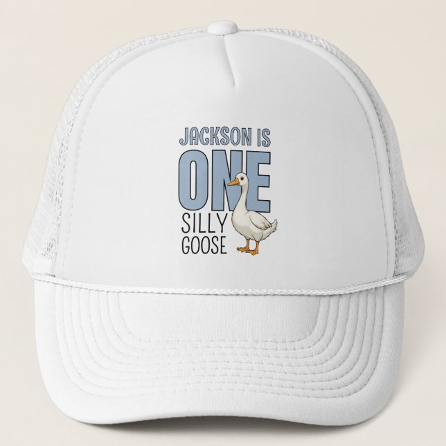 Custom Modern Blue One Silly Goose First Birthday Truckerkappe (Vorderseite)