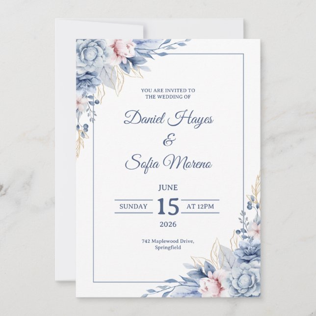 Custom Modern Blue Wedding Invitation Einladung (Vorderseite)