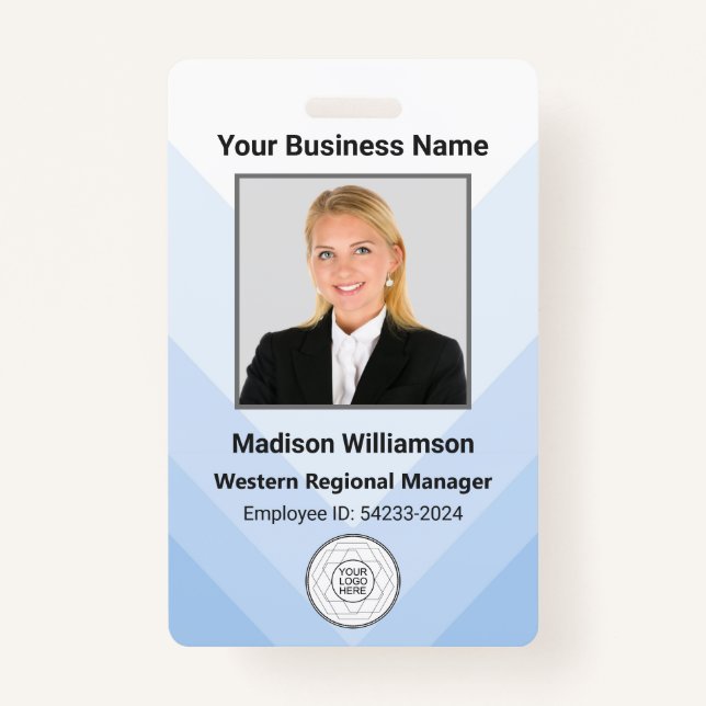 Custom Modern Blue White Business Employee Foto Ausweis (Vorderseite)