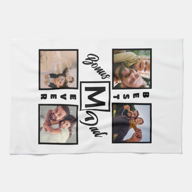 Custom Modern Bonus Vater Stepdad 4 Foto Collage Geschirrtuch (Horizontal)