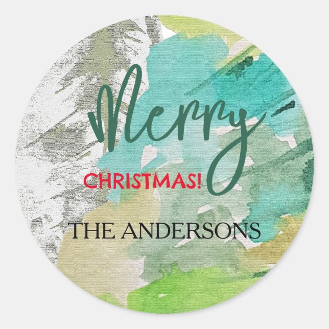 Custom Modern Christmas Tree Wasserfarben Kunst Runder Aufkleber (Vorderseite)