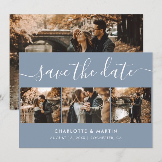 Custom Modern Dusty Blue Wedding 4 Foto Save The Date (Vorne/Hinten)