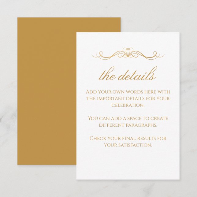 Custom Modern Elegant Gold & White Wedding Details Begleitkarte (Vorne/Hinten)