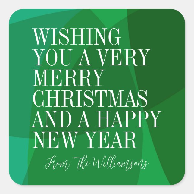 Custom Modern Green Geometrie Weihnachtsgrüße Quadratischer Aufkleber (Vorderseite)