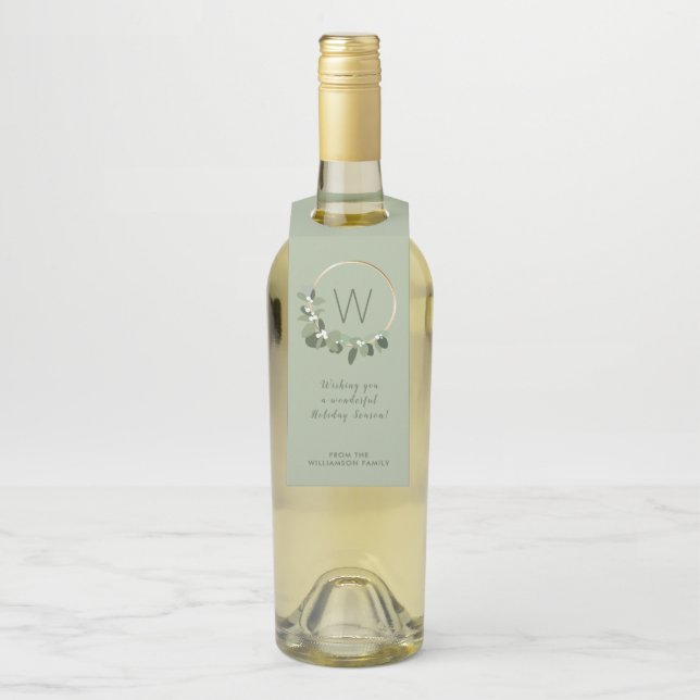 Custom Modern Green Monogram Wreath family Flaschenanhänger (Auf Flasche)