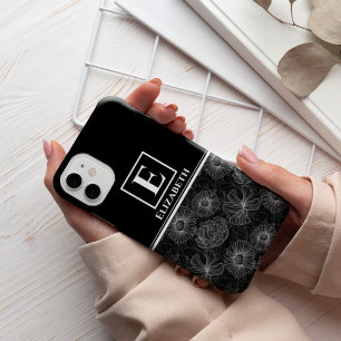 Custom Modern Monogram Black and White Floral iPhone 13 Pro Max Hülle