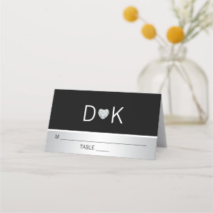 Custom Modern Monogram Black Silver Heart Wedding Platzkarte