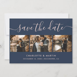Custom Modern Navy Blue and Blush Wedding 4 Foto Save The Date