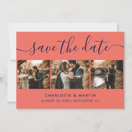 Custom Modern Navy Blue and Coral Wedding 4 Foto Save The Date