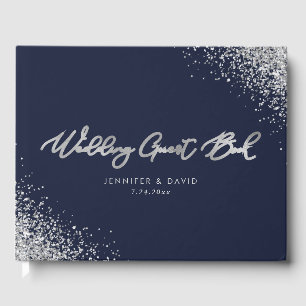 Custom Modern Navy Blue and Silver Glitzer Wedding Gästebuch