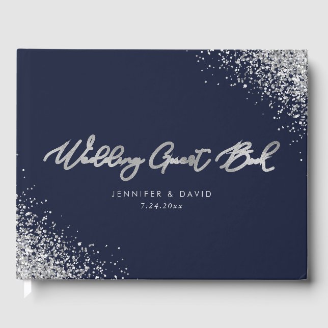Custom Modern Navy Blue and Silver Glitzer Wedding Gästebuch (Vorderseite)