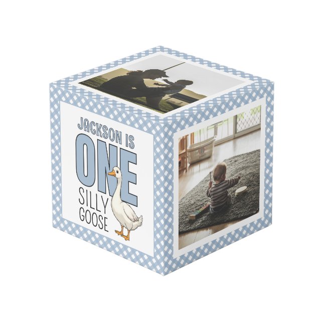 Custom Modern One Silly Goose 1st Birthday Photo Würfel (Vorderseite Schrägansicht)