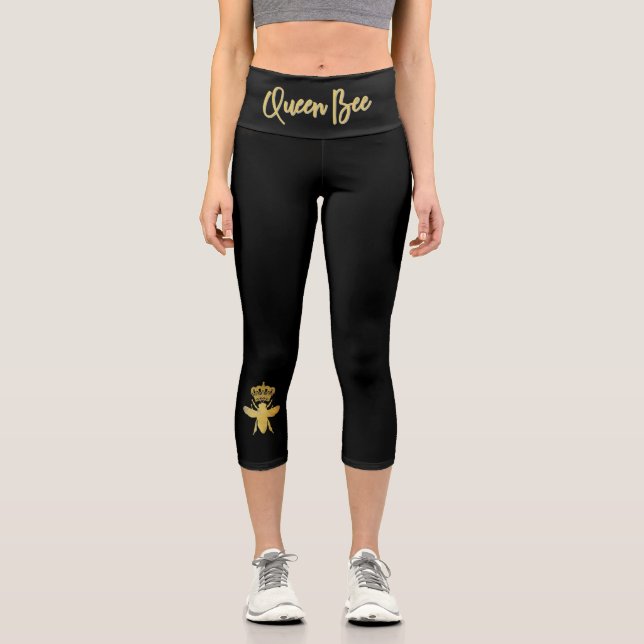 Custom Modern QUEEN BEE Gold & Black Yoga Frauen Capri Leggings (Vorderseite)
