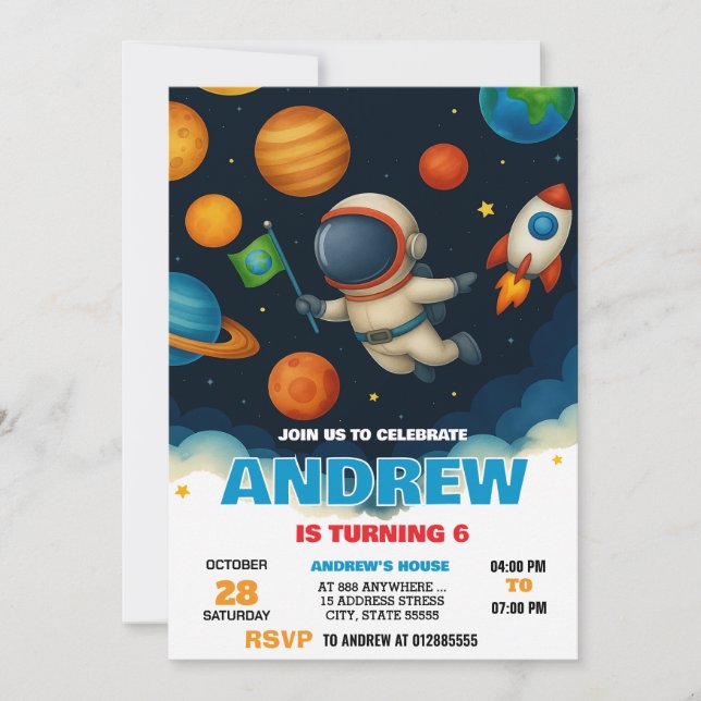 Custom Modern Space Astronaut Geburtstag Einladung (Vorderseite)