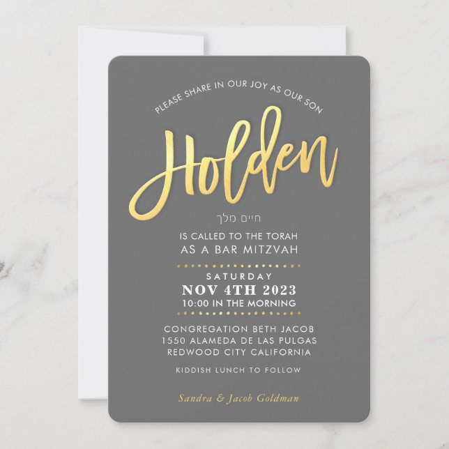 CUSTOM Moderne Bar Mitzvah graue Imitate Gold HOLD Einladung (Vorderseite)