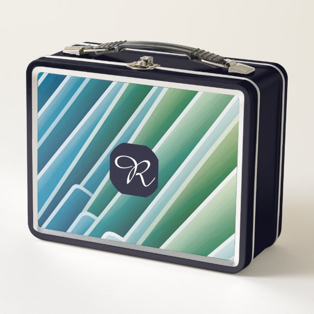 Custom Monogram Abstrakt Blue Green Metal Lunch Bo Metall Brotdose (Vorderseite)