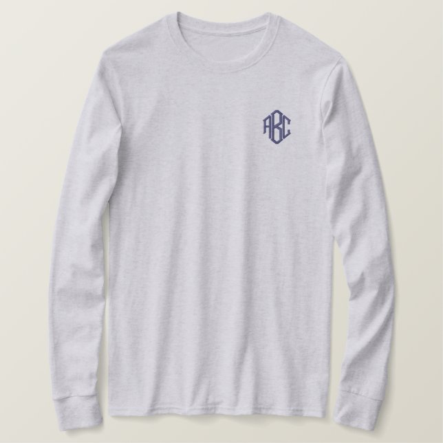 Custom Monogram Ash Gray Besticktes Langarmshirt (Design vorne)