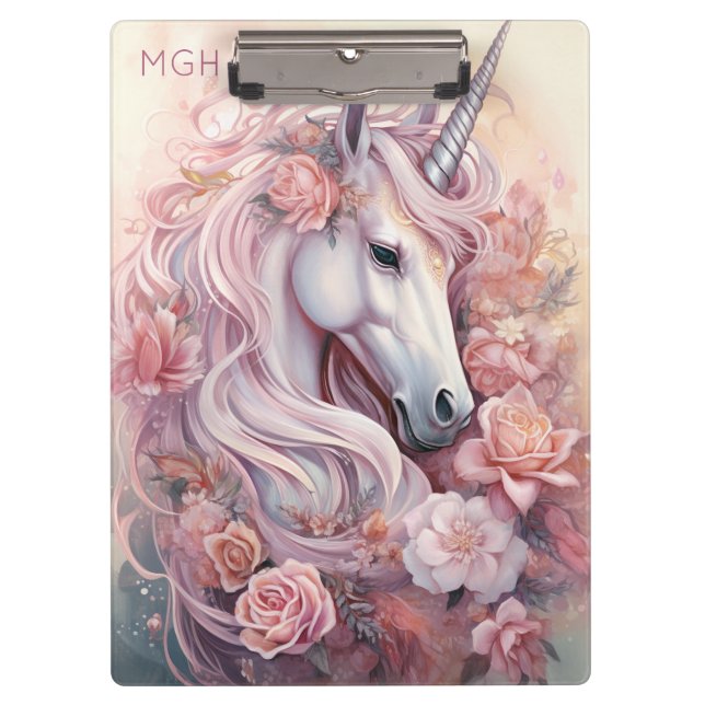 Custom Monogram Beautiful Unicorn Klemmbrett (Vorderseite)