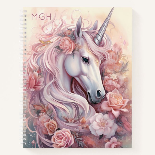 Custom Monogram Beautiful Unicorn Notizbuch (Vorderseite)