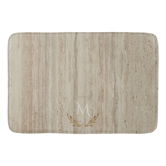 Custom Monogram Beige Travertine Marmorstein Badematte (Vorderseite)