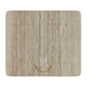 Custom Monogram Beige Travertine Marmorstein Schneidebrett