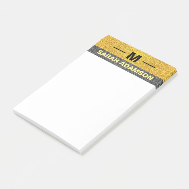 Custom Monogram Black Gold Name, Moderne Eleganz Post-it Klebezettel (angewinkelt)