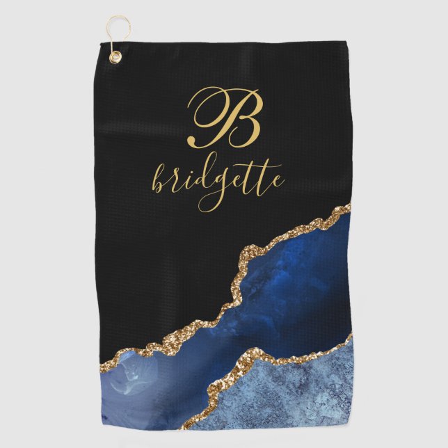 Custom Monogram Black Gold Navy Agate Geode Golfhandtuch (Vorderseite)