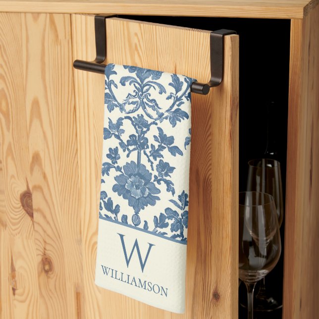 Custom Monogram Blue Toile Kitchen Handtuch (Drittel gefaltet)