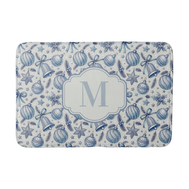 Custom Monogram Blue Toile Weihnachtsschmuck Badematte (Vorderseite)
