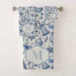 Custom Monogram Blue Toile Weihnachtsschmuck Badhandtuch Set