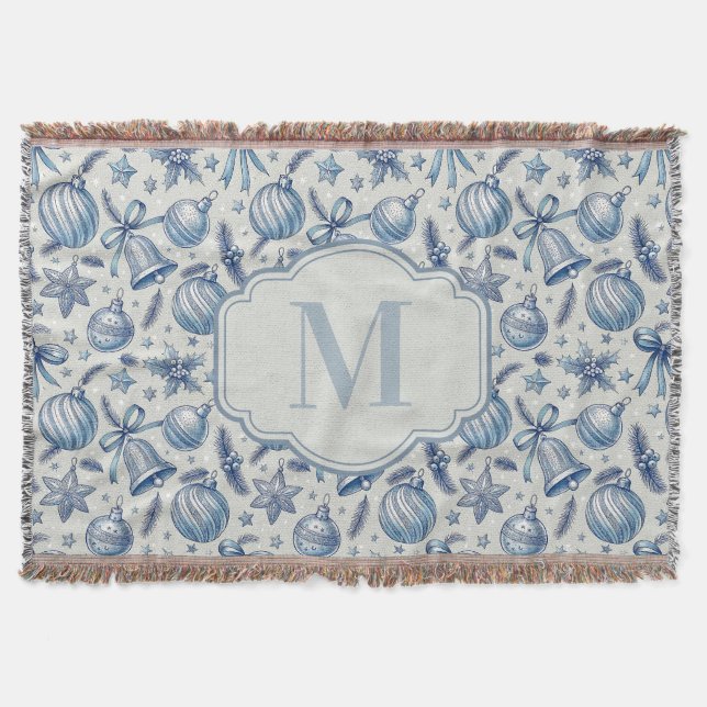 Custom Monogram Blue Toile Weihnachtsschmuck Decke (Vorderseite)