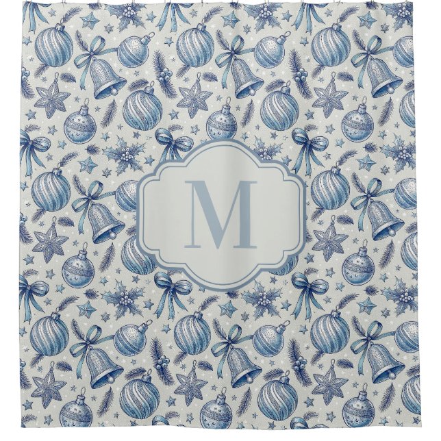 Custom Monogram Blue Toile Weihnachtsschmuck Duschvorhang (Vorderseite)